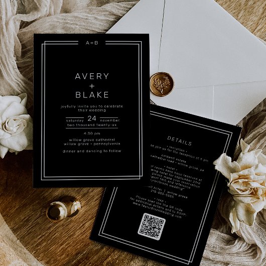 Invitation AVERA moderne noir double cadre QR Code Mariage