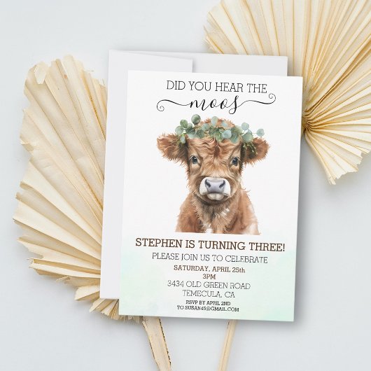 Invitation Avez-vous entendu Moos Highland Cow Birthday Invit