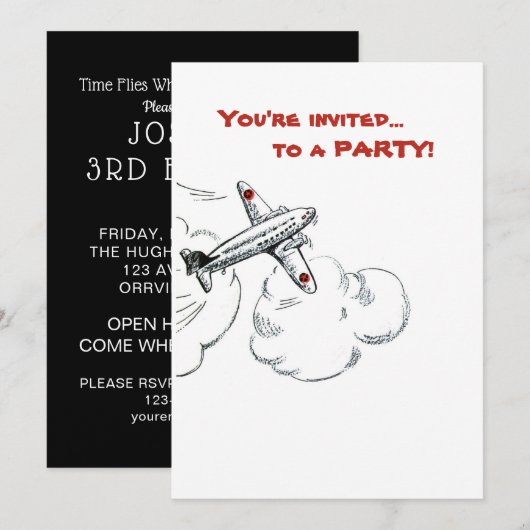 Invitation Avion Boy Anniversaire Party Simple Noir Blanc Rou (Devant / Derrière)
