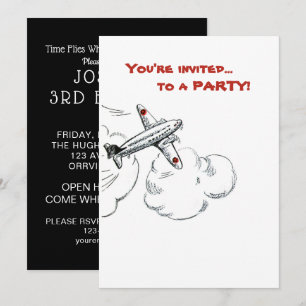 Invitation Avion Boy Anniversaire Party Simple Noir Blanc Rou