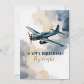 Invitation Avion d'anniversaire bleu et or aquarelle élégante (Devant)