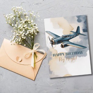 Invitation Avion d'anniversaire bleu et or élégant à l'aquare