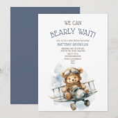 Invitation Avion d'attente rapide Vol Ours Baby shower bleu (Devant / Derrière)
