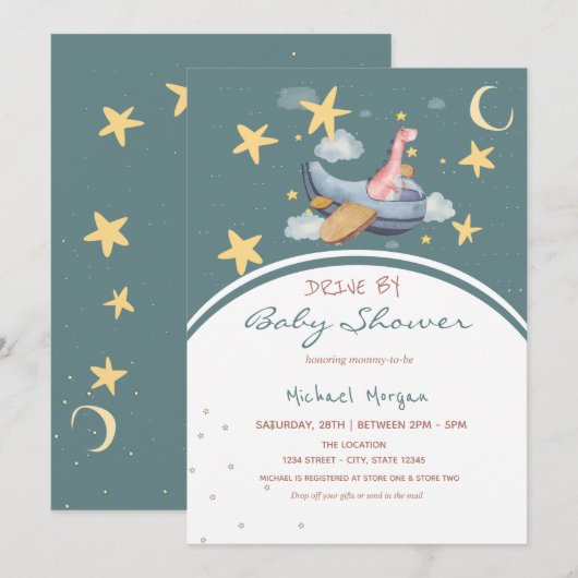 Invitation Avion Dino Étoiles de l'espace Fête pour bébé à l (Devant / Derrière)