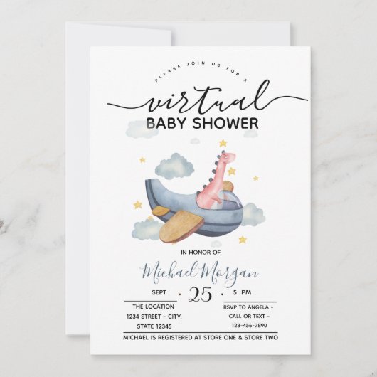 Invitation Avion Dino Zigzag Baby shower virtuel (Devant)