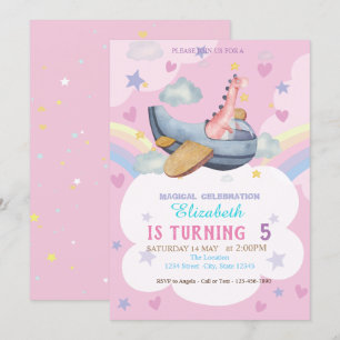 Invitation Avion dinosaure aquarelle anniversaire arc-en-ciel