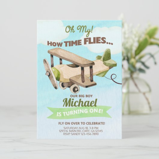 Invitation Avion garçon 1er premier anniversaire invitation.  (Debout devant)