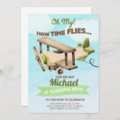 Invitation Avion garçon 1er premier anniversaire invitation.  (Devant / Derrière)