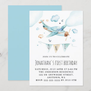 Invitation Avion Jouet Aquarelle Fête 1er Anniversaire