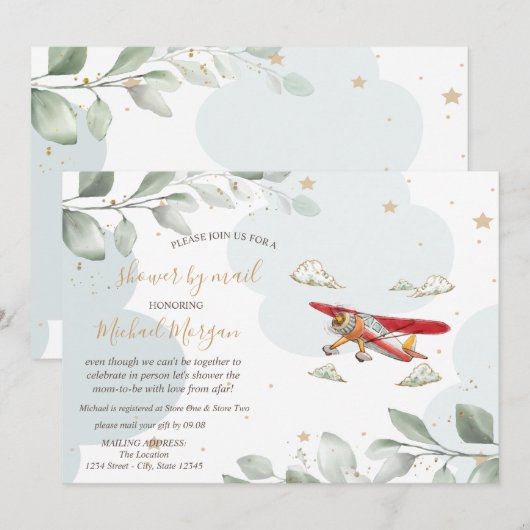 Invitation Avion, Nuages, Étoiles, Baby shower Par Courrier (Devant / Derrière)