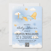 Invitation Avion, Nuages & Etoiles, Bleu, Bébé garçon, mignon (Devant)