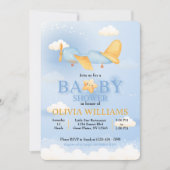 Invitation Avion, Nuages & Etoiles, Bleu, Bébé garçon, mignon (Devant)