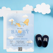 Invitation Avion, Nuages & Etoiles, Bleu, Bébé garçon, mignon