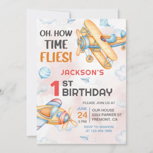 Invitation Avion Oh Comment le temps vole 1er anniversaire (Devant)