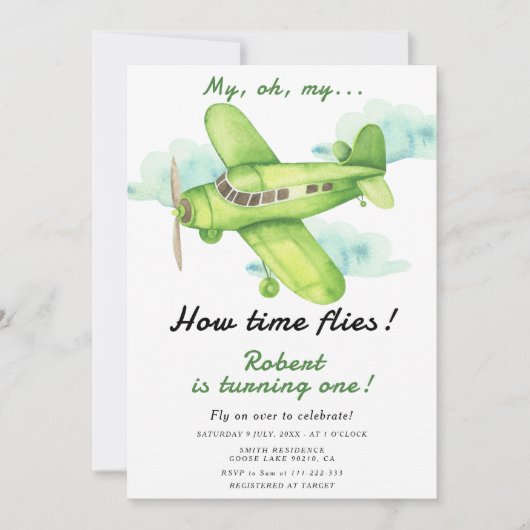 Invitation Avion Oh Mon Temps Vol Voyage Premier Anniversaire (Devant)