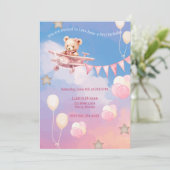 Invitation Avion Ourson premier anniversaire rose (Debout devant)