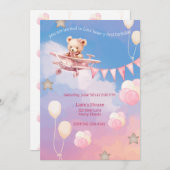 Invitation Avion Ourson premier anniversaire rose (Devant / Derrière)