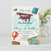 Invitation Avion personnel 1er anniversaire pour garçon Bleu (Debout devant)