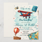 Invitation Avion personnel 1er anniversaire pour garçon Bleu (Devant / Derrière)