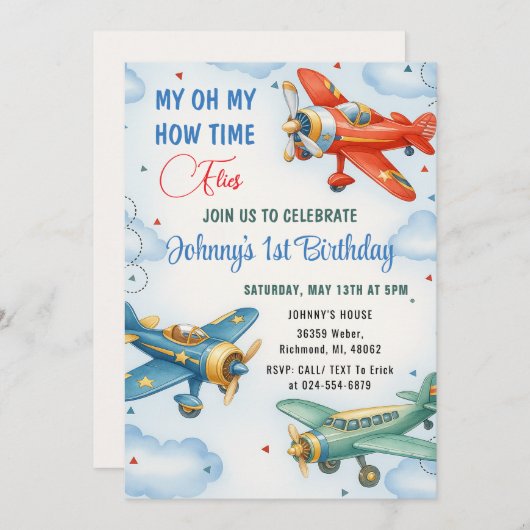 Invitation Avion personnel 1ère fête d'anniversaire (Devant / Derrière)