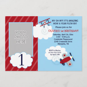 Invitation Avion Petit Avion Red & Navy Photo Anniversaire