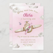 Invitation Avion rose mignon Oh Mon Temps Des Mouches Fille A (Devant / Derrière)