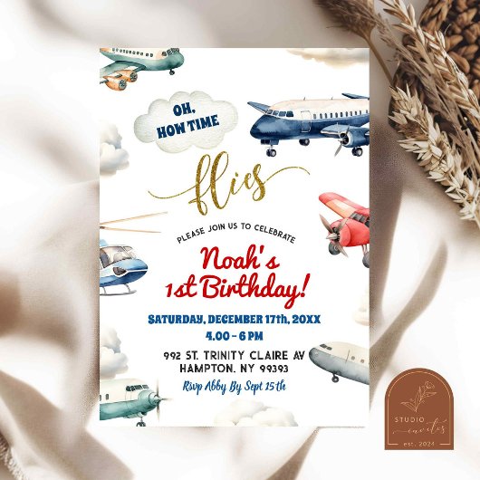 Invitation Avion Rouge Bleu Premier Anniversaire Garçon