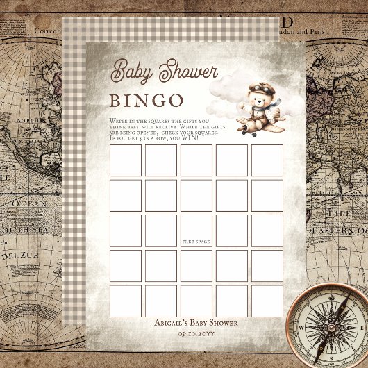 Invitation Avion Teddy Bear Baby shower Bingo Jeu