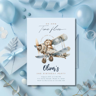 Invitation Avion Teddy Bear Blue Heure Vol Anniversaire