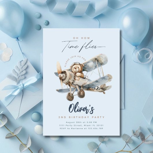 Invitation Avion Teddy Bear Blue Heure Vol Anniversaire