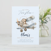 Invitation Avion Teddy Bear Blue Heure Vol Anniversaire (Debout devant)