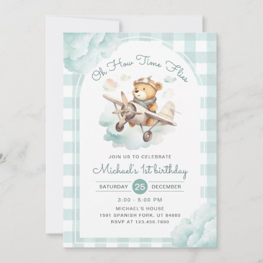 Invitation Avion Teddy Bear Pastel Temps Vol Anniversaire (Devant)
