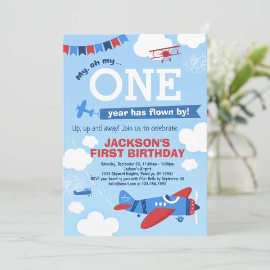 Invitation Avion Un an a suivi le 1er anniversaire (Debout devant)