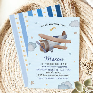 Invitation Avion Vintage Ciel Bleu Premier Anniversaire