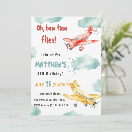 Invitation Avion vintage Temps Vol Voyage Boy Anniversaire (Debout devant)