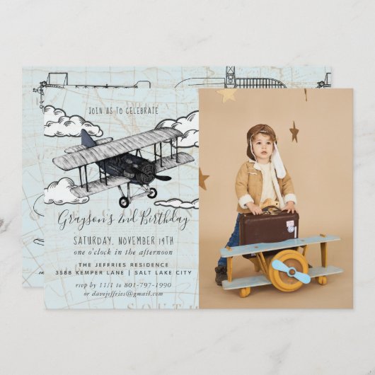 Invitation Avion vintage | Voyage fête d'anniversaire (Devant / Derrière)