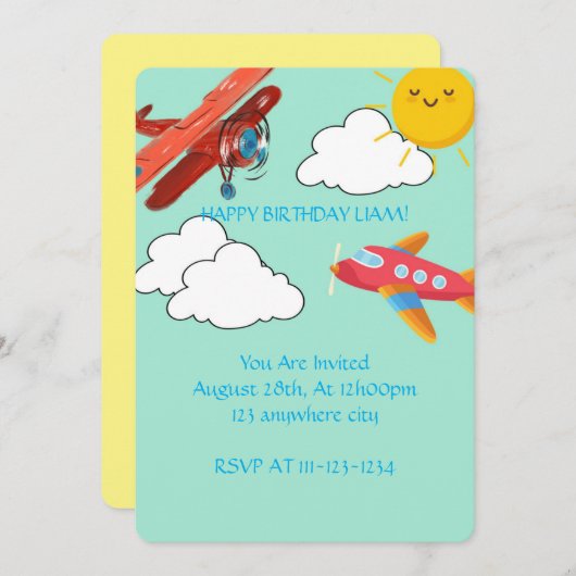 INVITATION AVIONS ANNIVERSAIRE GARÇONS D'INVITATION, NUMÉRIQU (Devant / Derrière)