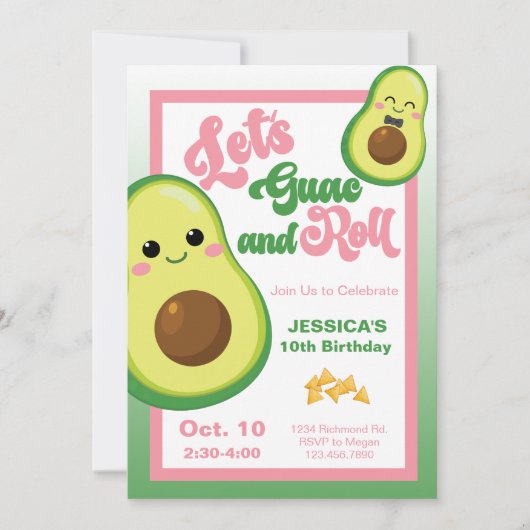 Invitation Avocado Anniversaire de fête Enfants Rose vert Ann (Devant)