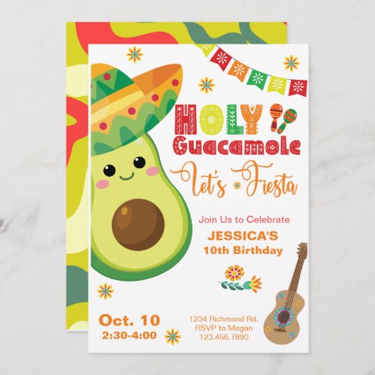 Invitation Avocado Anniversaire Fiesta Party Enfants Vert Rou (Devant / Derrière)
