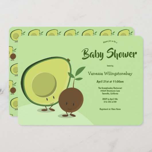 Invitation Avocado et Pit Cartoon Food Baby shower à thème (Devant / Derrière)