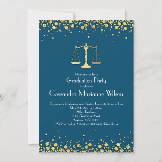 Invitation Avocat Droit École de Graduation Party Gold Blue (Devant)