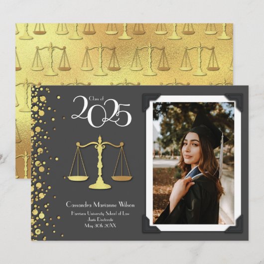 Invitation Avocat Droit School Gold Graduation Grey (Devant / Derrière)