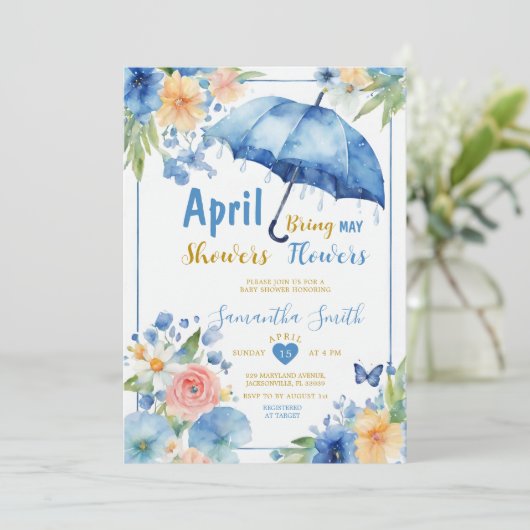 Invitation Avril Douches Apportent Mai Fleurs Parapluie Bleu (Debout devant)