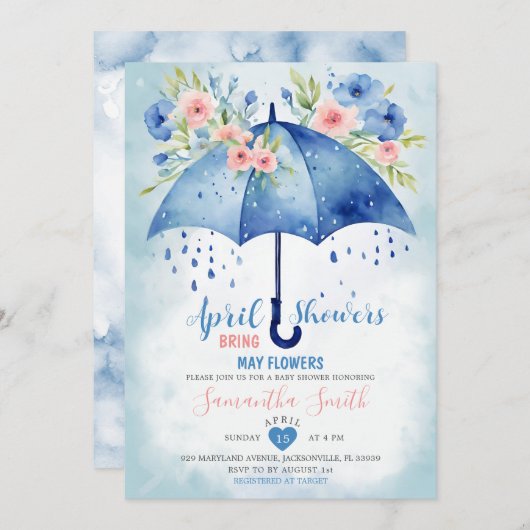Invitation Avril Douches Apportent Mai Fleurs Parapluie Bleu (Devant / Derrière)