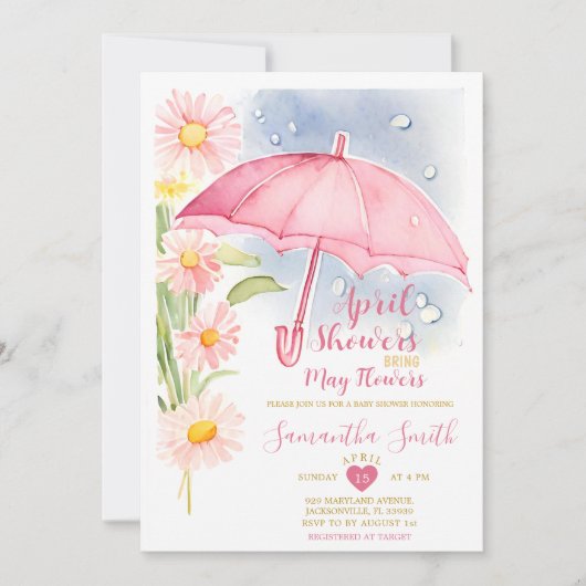 Invitation Avril Douches Apportent Mai Fleurs Parapluie Rose (Devant)