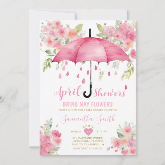 Invitation Avril Douches Apportent Mai Fleurs Parapluie Rose (Devant)