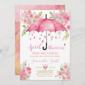 Invitation Avril Douches Apportent Mai Fleurs Parapluie Rose (Devant / Derrière)