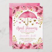 Invitation Avril Douches Apportent Mai Fleurs Parapluie Rose (Devant / Derrière)