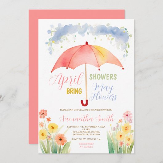 Invitation Avril Douches Apportent Mai Fleurs Parapluie Rouge (Devant / Derrière)