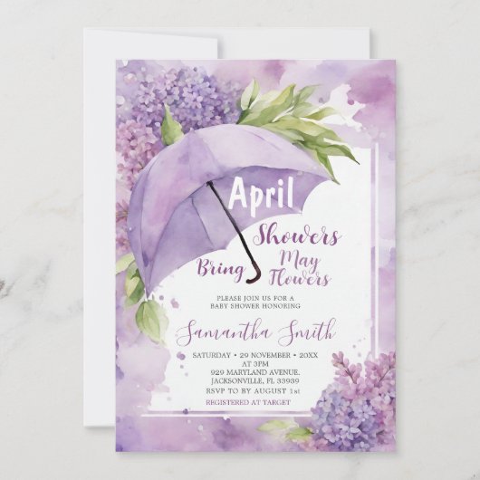 Invitation Avril Douches Apportent Mai Fleurs Purple Paraplui (Devant)